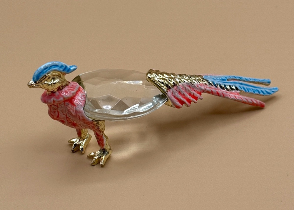 🐦 Vintage Portugal Crystal Bird Figurine Pink Blue Gold Tone Pheasant